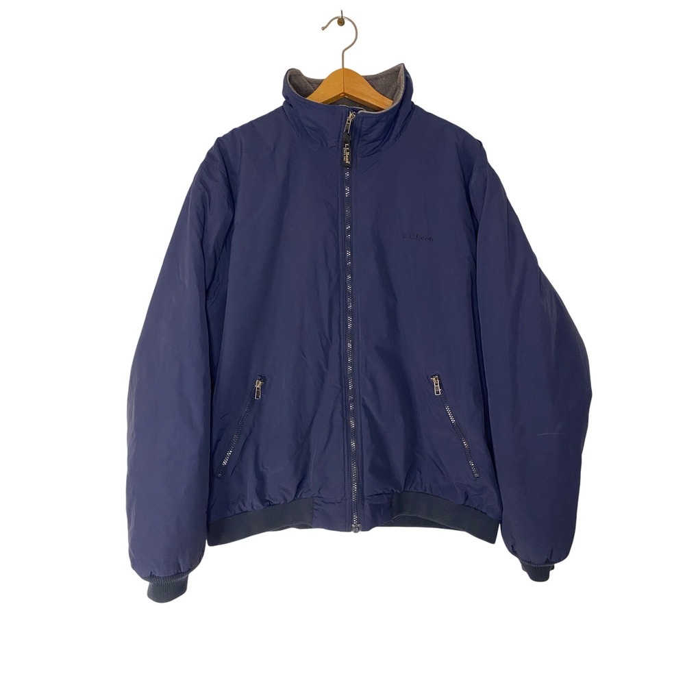 LL Bean Jacket Mens Large Chore Barn Coat Navy Blue Fleece Lined Winter Bomber